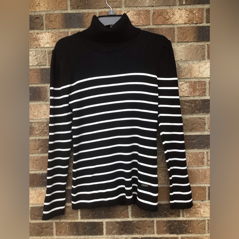 DKNY Striped Black & White Turtleneck Sweater